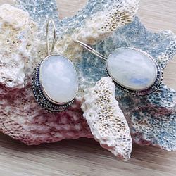 Natural Rainbow Moonstone Sterling Silver Drop 2” Earrings