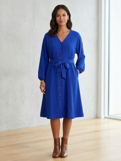 NWT Calvin Klein Womens Blue Long Sleeve Button-Down Belted Shirt Midi Dress 2