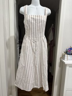 Taupe White Striped Square Neck Midi Dress Women's Medium NEW Soft Stretchy
