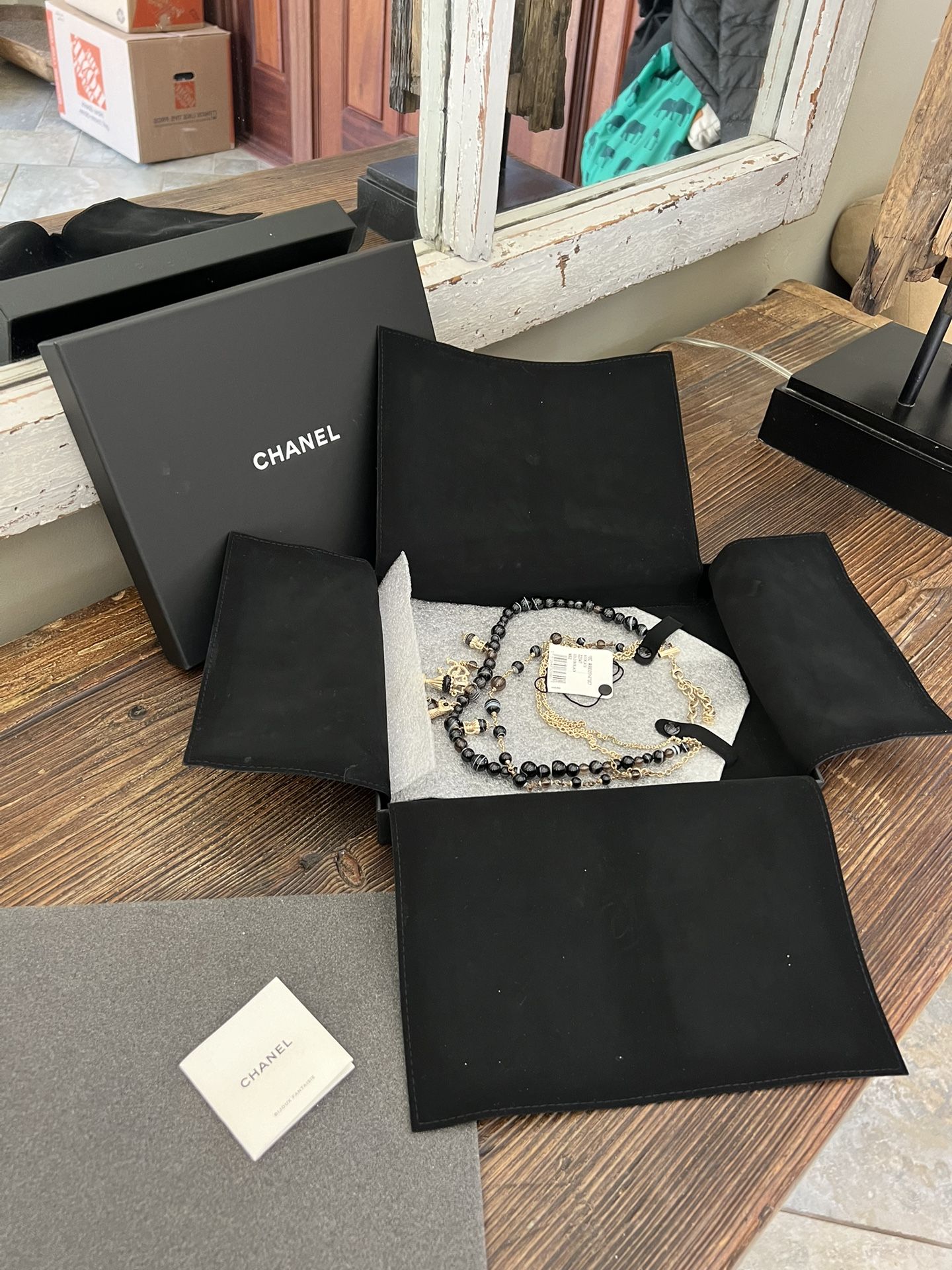 Authentic Chanel Multi Strand Black/Gold Resin and Glass Bead Owl Motif Necklace