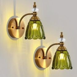 Vintage Green Glass Wall Sconce Set of 2,Brushed Gold, Flower Shade,Mid Century Modern Art Deco