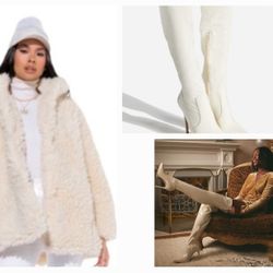 Ready For Pickup New Combo New Fuzzy Cream Coat and Thigh High Boots 