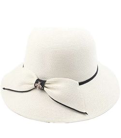 White Sun Hat Women Wide Brim Straw Hat Floppy Foldable Beach Hat UV UPF 50+