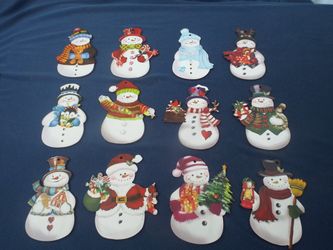 Snowman Christmas Ornaments, Wooden Holiday Decor, Set of 12