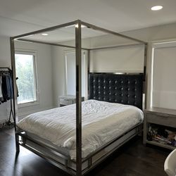 Modern Canopy Bed - Queen - Black Leather and Chrome Metal
