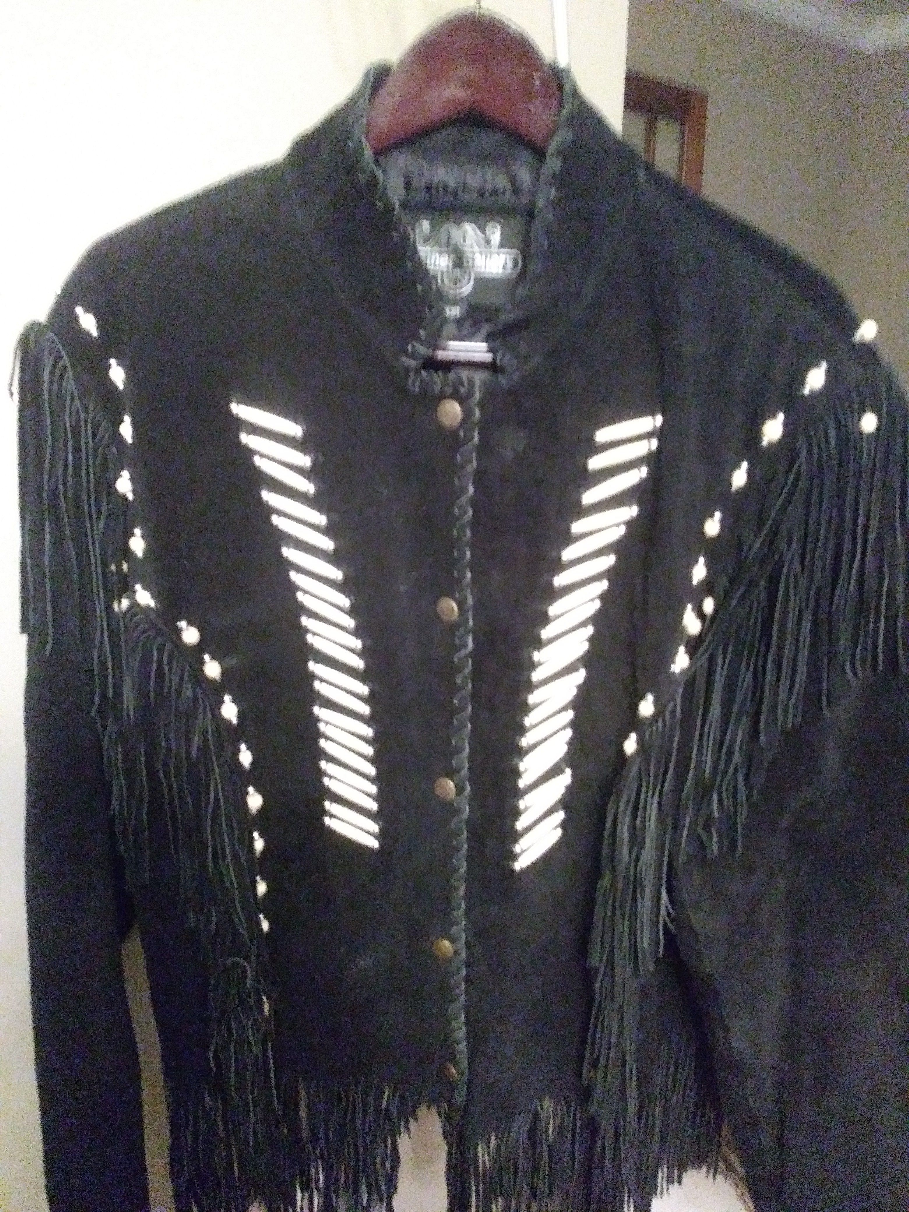 MEN'S XXL BLACK, BONE and BEADED ACCENTS & FRINGED SUEDE LEATHER JACKET