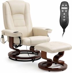 1911d  Reclining Chair with Vibration Massage Faux Leather Recliner with Ottoman Swivel Wood Recliner Chairs for Living Room, Beige