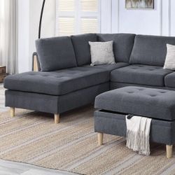 CHARCOAL SECTIONAL SOFA WITH REVERSIBLE CHAISE & OTTOMAN