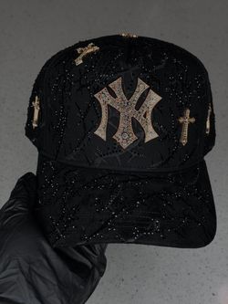 NY Baseball Cap with Rhinestones and Cross Pins