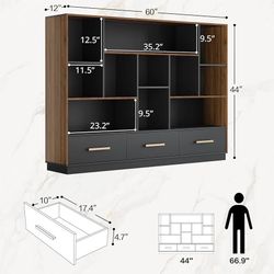 Wide Bookcase Storage Organizer, Wood Bookcase with 5 Open Cubes, Floor Standing Bookshelf for Home Office, Living Room and Library, Black Walnut