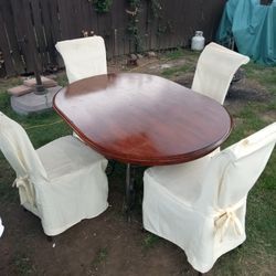 Dining Room Table. Cherry. Wrought Iron Base And Chairs