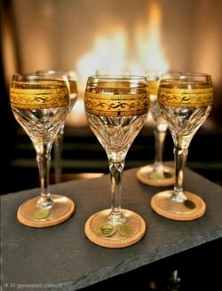 Vintage Set of 6 Alfonz Kasak fine cut crystal stemware set handmade in the Czech Republic. Adorned with an intricate, heavy 18K/24K gold encrusted ba