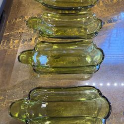 Set of 4 Vintage Indiana Glass Avocado Green Banana Split Dishes