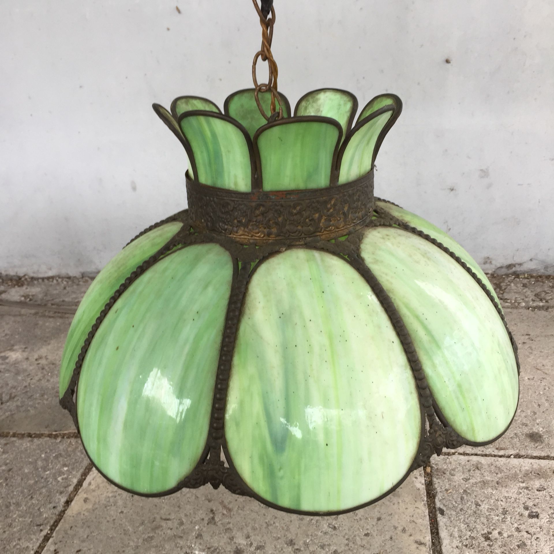 Antique green slag stain glass chandelier
