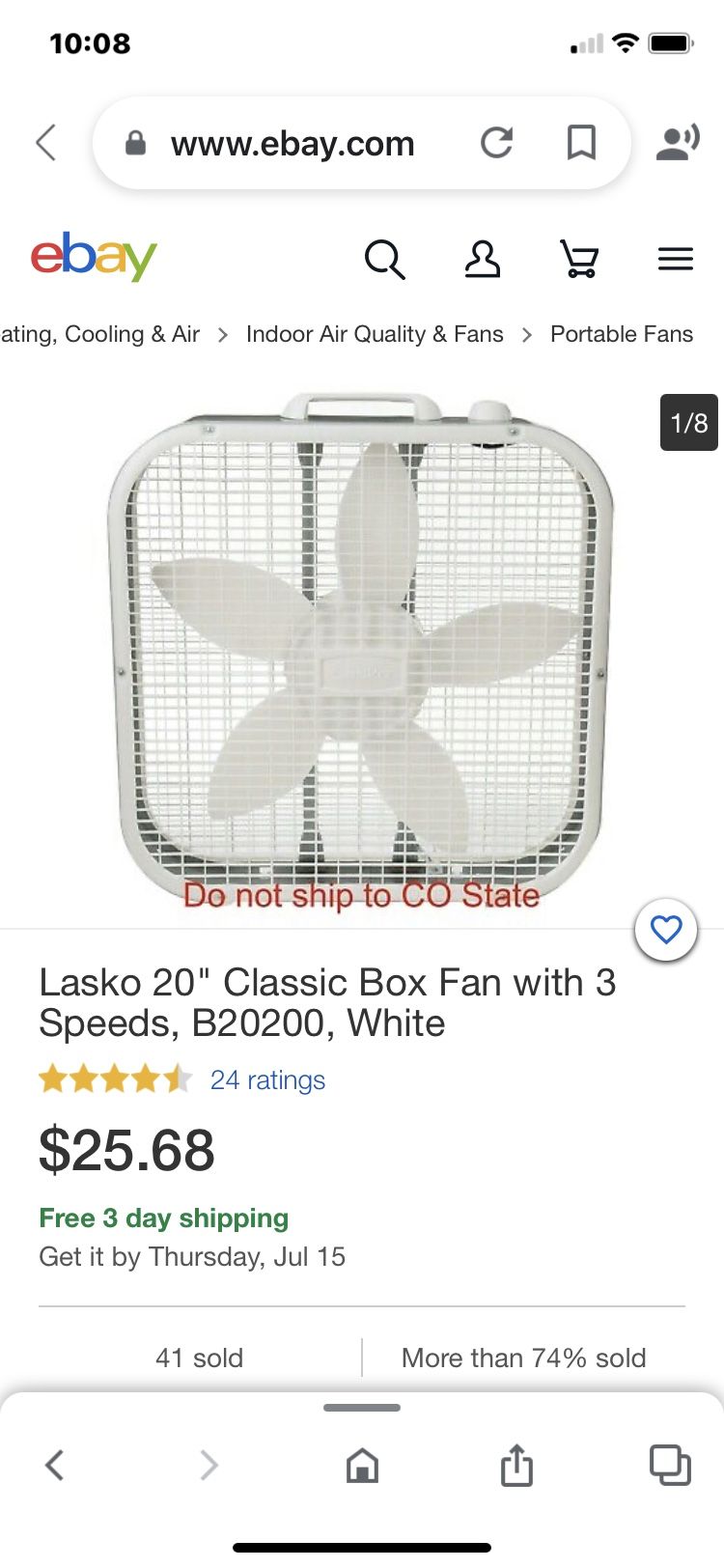 Lasko 20 inches Classic Box Fan With 3 Speeds Like New Used One Time