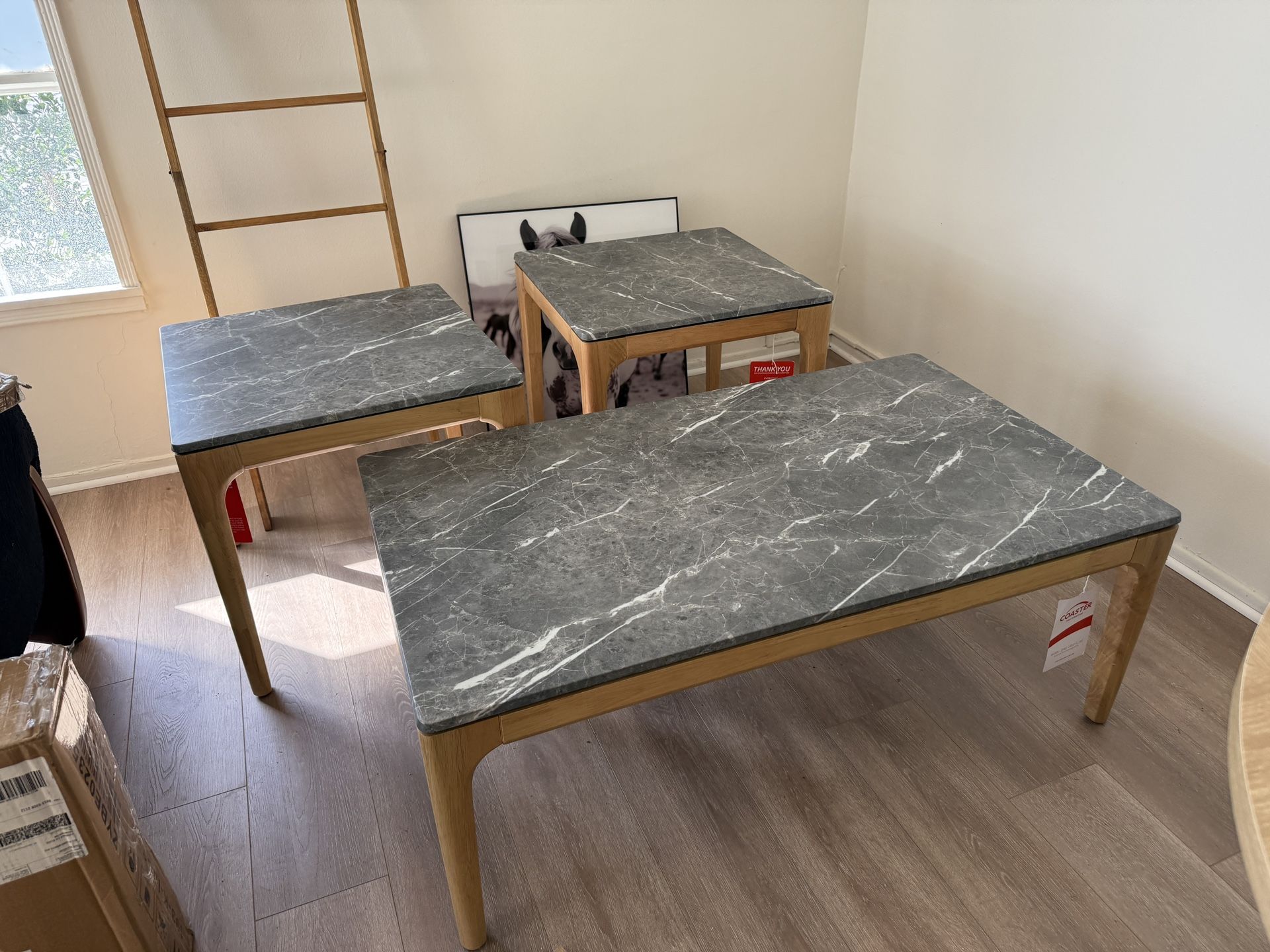 Marble Like Top With Wooden Legs Coffee Table Accent Table