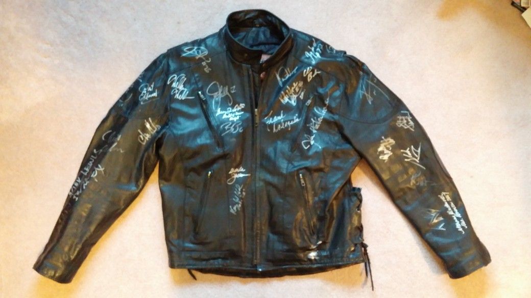 Men's celebrity autographed black leather motorcycle jacket, size 46