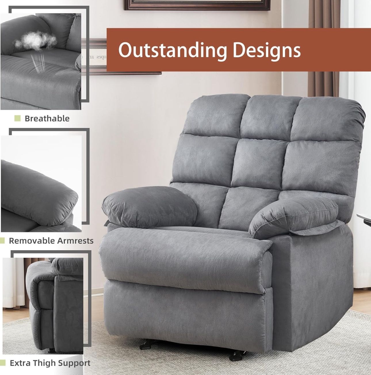Rocker Recliner Chair Overstuffed Manual Rocking Recliner for Adults Upholstered Comfy Soft Fabric Living Room Reclining Sofa Chair(Gray)