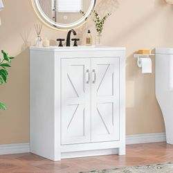 Farmhouse Bathroom Vanity with Sink, Freestanding Bathroom Vanities with Ceramic Basin & Soft-Close Door, Wood Cabinet with Adjustable Shelf for Apart