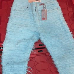 Armor Denim Jeans ; Frayed Design ; Stacked & Flared ; Ice Blue ; 34x36
