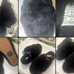 UGG Women’s Black Fluff Yeah Sheepskin Slide Slippers | Size 9
