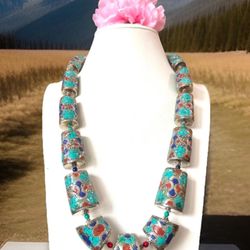 Vintage & Chunky Ethnic indo/tibet tribal style Handmade Tube Necklace Inlay Stones Set In Silver 23”inch long