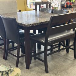 Counter Height Dining Set, Marble Top Design with 4 Chairs and Bench 
