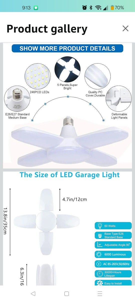 LED 4 Pack Garage Lights, 6000 Lumens Ceiling Light, 60W E26 Shop Lights With 4 Foldable Panels, 6000K Daylight Deformable Lamp for Garage, Basement, 