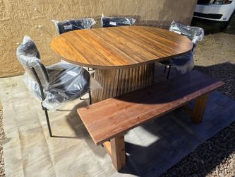 Finmind Dining Room Set 59" Dining Table for 4-6 People with Bench and 4 Black Sherpa/Teddy Chairs🌱