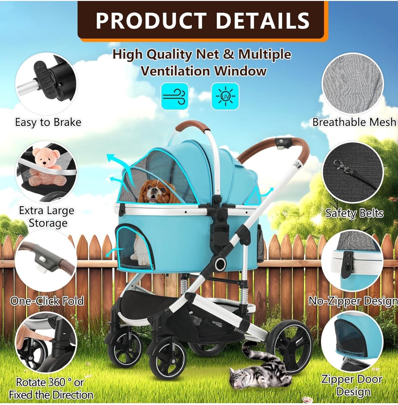 Pet Stroller 3 in 1 Folding Lightweight Dog Stroller with Detachable Carrier & Storage Basket, Premium 4 Wheels Travel Stroller for Puppies, Doggies, 