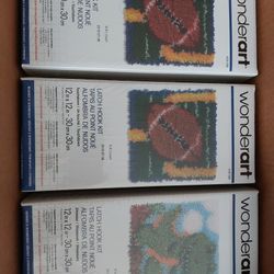 (3) 12" wonderart Latch Hook Kits, 2 - TOUCHDOWN #426188 & 1 - DINOSAUR #426208