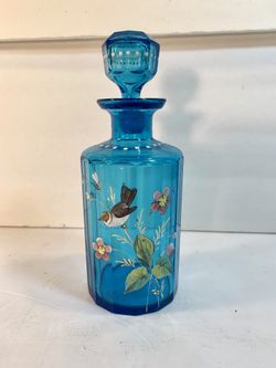 VICTORIAN GLASS Vintage Paneled Bird/Floral Handpainted Handblown Glass Bottle (Height: 7”)