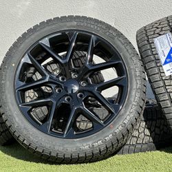 NEW 22" GMC Sierra Wheels Black 6 lug Snowflake rims A/T 285/45R22 tires Denali Suburban Chevy Silverado Tahoe Escalade