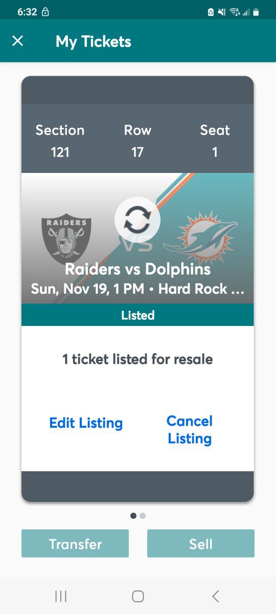 Dolphins  VS Raiders Hard Rock Stadium Nov 19th  1pm