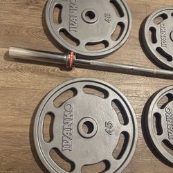 IVANKO’s  Olympic Weight Plates  (45s, 35s, 25s & 10s) In New Condition; Plus Titan 6ft Bar. Total: 270 lbs.