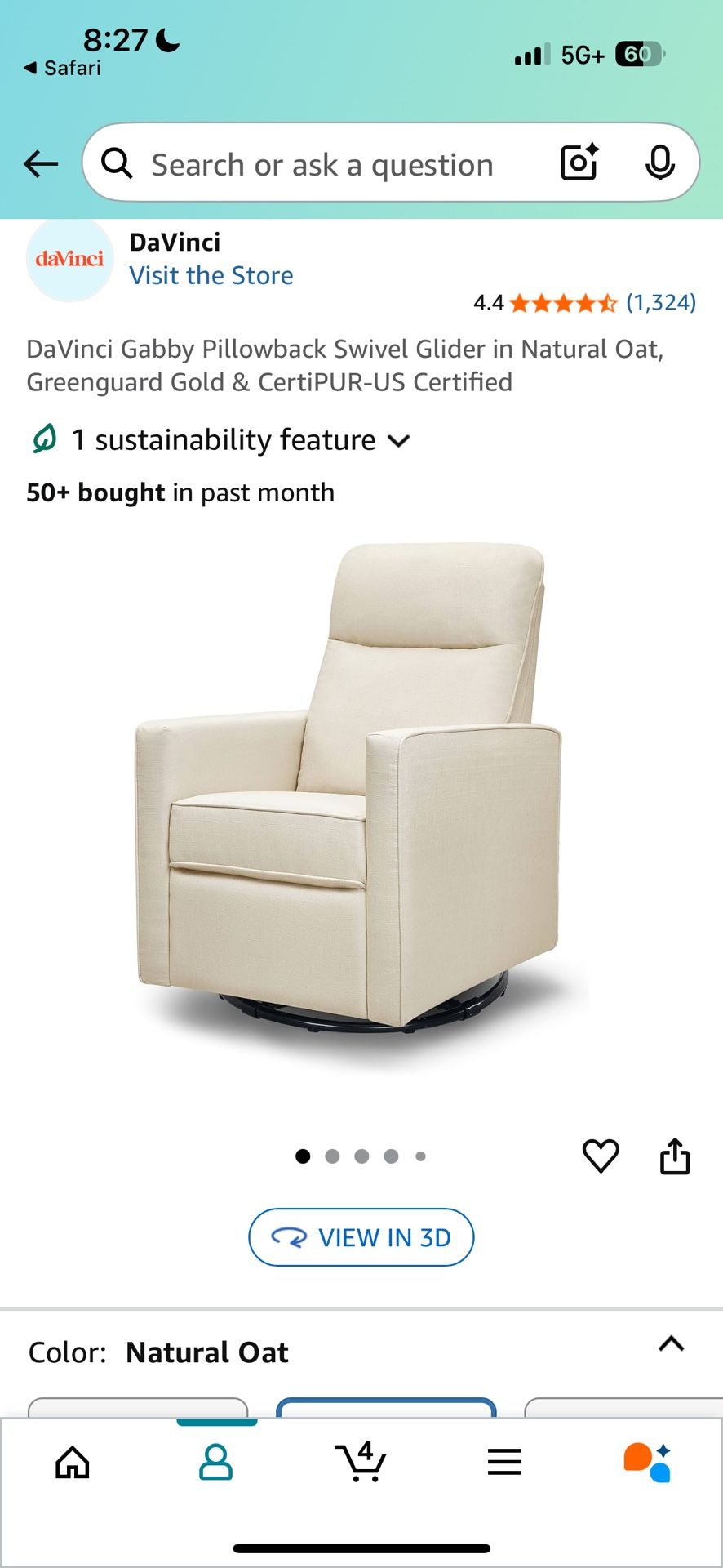DaVinci Gabby Pillowback Swivel Glider in Natural Oat, Greenguard Gold & CertiPUR-US Certified