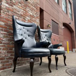 Dark Blue Genuine Leather Wing Back Chair