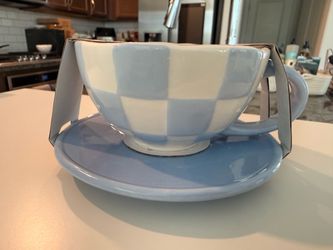 Blue and White Checkered Ceramic Cup and Saucer