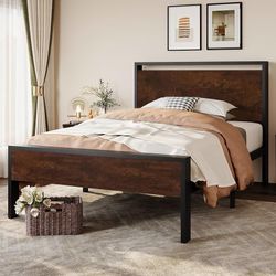 14 Inch Twin Size Metal Platform Bed Frame with Wooden Headboard and Footboard, Mattress Foundation, No Box Spring Needed, Large Under Bed Storage, He
