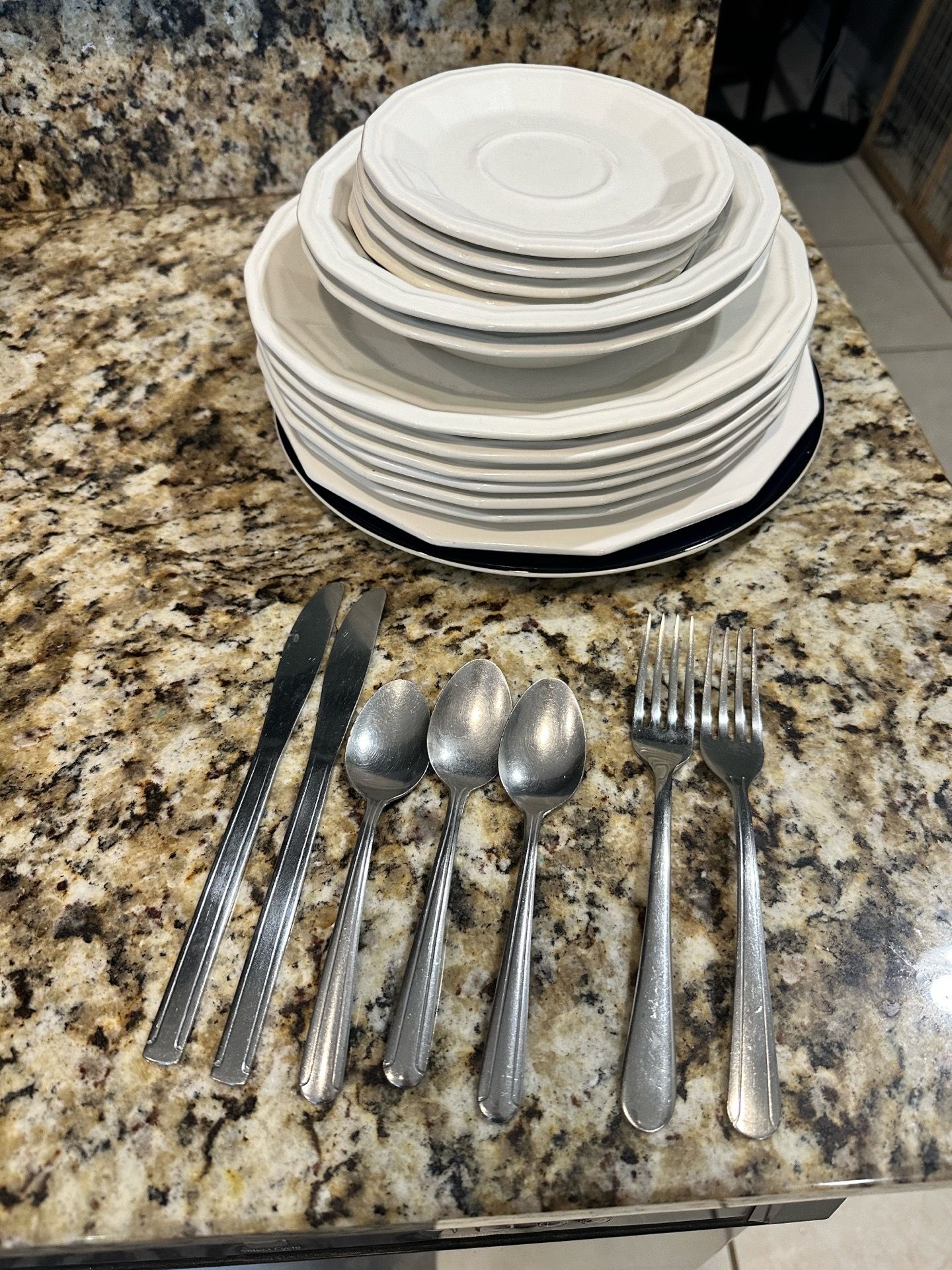 14 piece Homer Laughlin Colonial White dishes plates bowls utensils