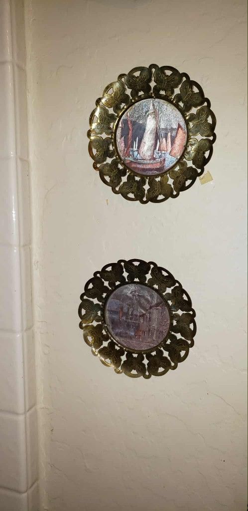 X2 VINTAGE BRASS BUTTERFLY FRAMED FOIL NAUTICAL OCEAN SEA SAIL BOAT SHIP PORT ENGLAND PICTURE ART DECOR