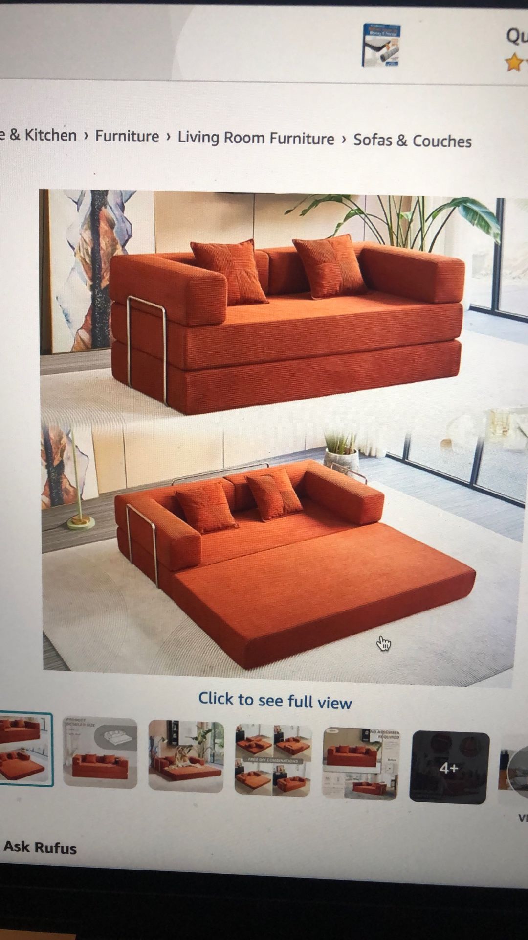 Foldable Sofa, 81 Inch Folding Floor Couch, Memory Foam Couch With Pillows, 4-in-1 Futon Sofa Bed, Orange