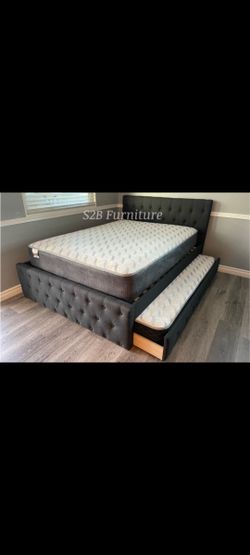 Full Twin Gray Trundle Bed With Orthopedic Mattress 
