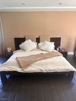 Modern Dark Wood Platform Bed Frame with Built-In Nightstands (Mattress Not Included)