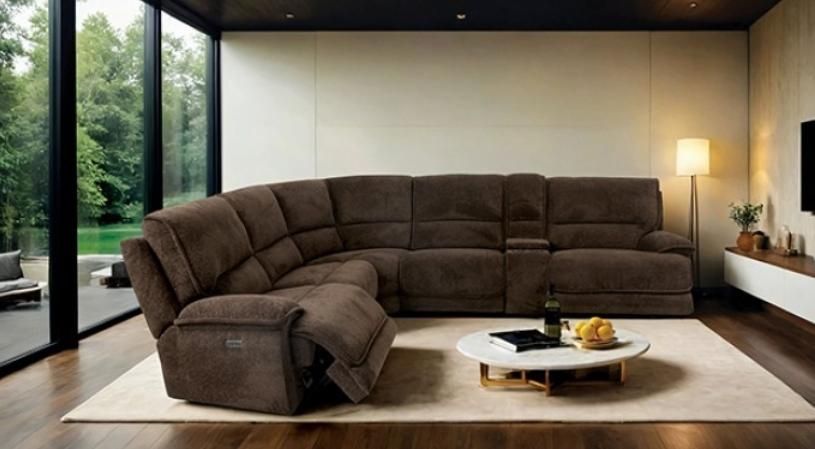 Large Sectional Sofa In Brown Java Fabric With Power Reclining Seats
