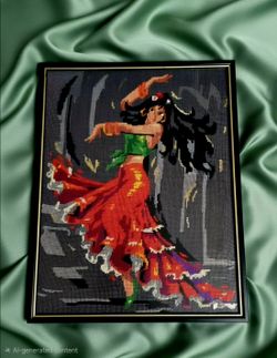 VINTAGE FRAMED 1970'S FLAMENCO DANCER FINISHED NEEDLEPOINT ART. 18.5"×14"