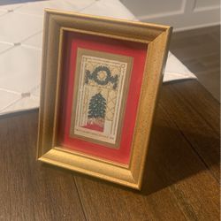 Beautiful Gold Thread Cross Stitch Christmas Scene Over 40+ Years Old Framed 