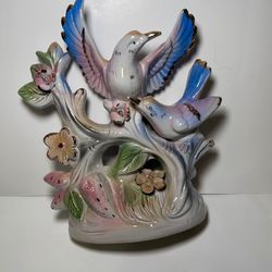Vintage Porcelain Birds Figurine Tree Branch Floral Pastel Gold Accents