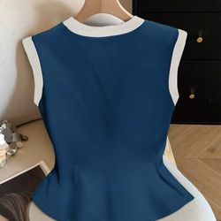 Sleeveless Blue Contrast-Trim Top with Gold Buttons