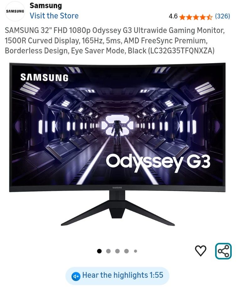SAMSUNG 32" FHD 1080p Odyssey G3 Ultrawide Gaming Monitor, 1500R Curved Display, 165Hz, 5ms, AMD FreeSync Premium, Borderless Design, Eye Saver Mode,